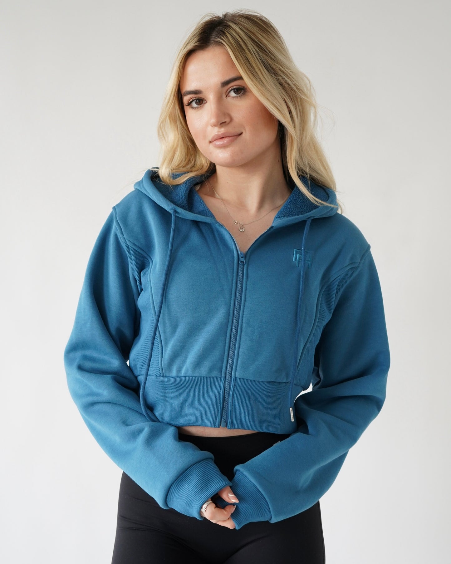 LOUNGE CROPPED ZIP-UP HOODIE - Cyan