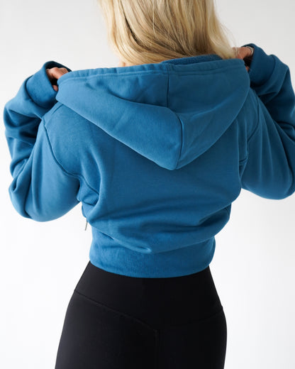 Lounge Cropped Zip-Up Hoodie - Cyan